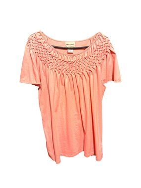 Coral Smocked Short Sleeve Top By Toffee Apple - Womens Medium Lightweight Cotto